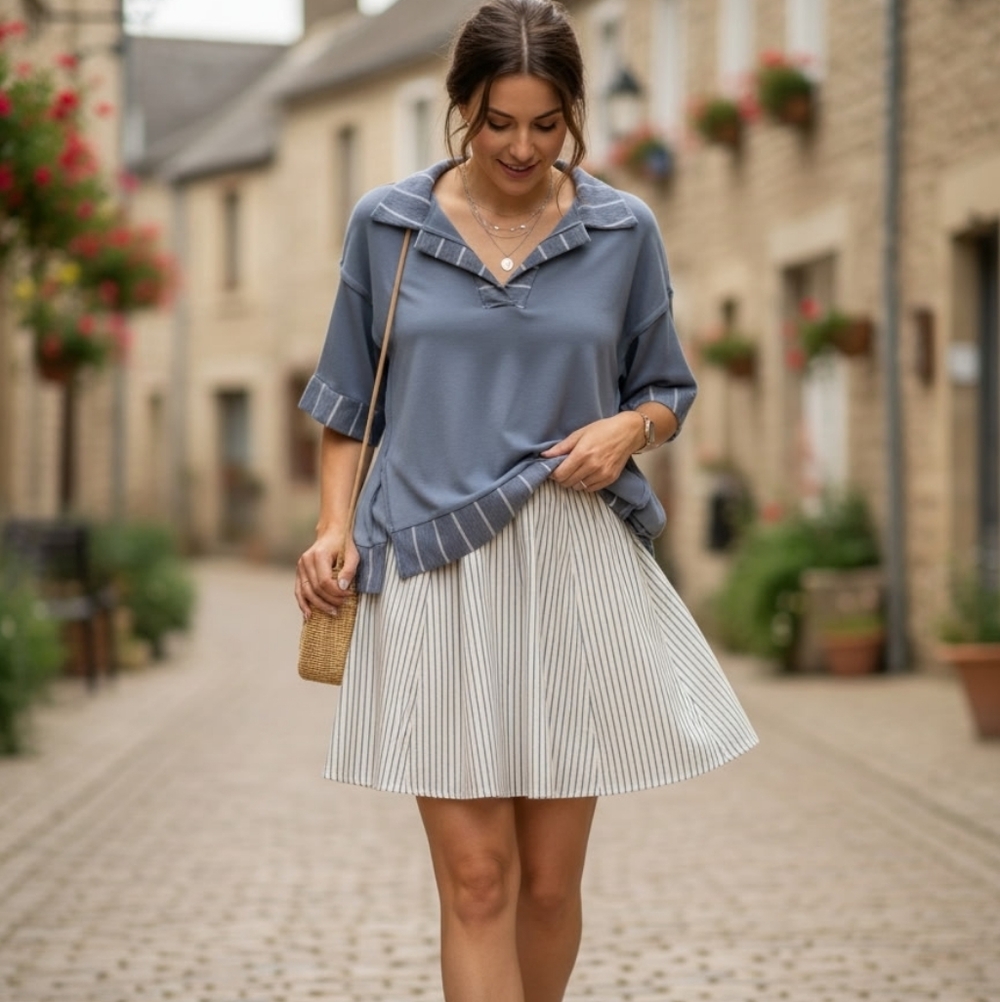 Blue Boxy Sailor Collar Blouse with Short Sleeves